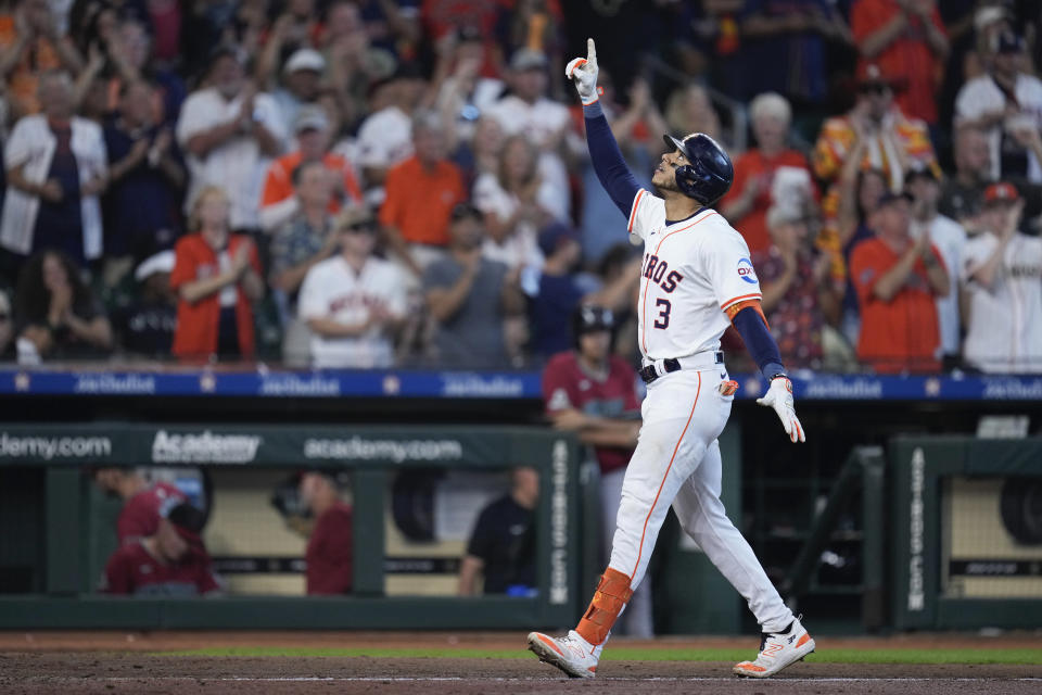 Houston Astros' Jeremy Pena celebrates his three-run home run against the Arizona Diamondbacks during the sixth inning of a baseball game, Saturday, Sept. 7, 2024, in Houston. (AP Photo/Eric Christian Smith)