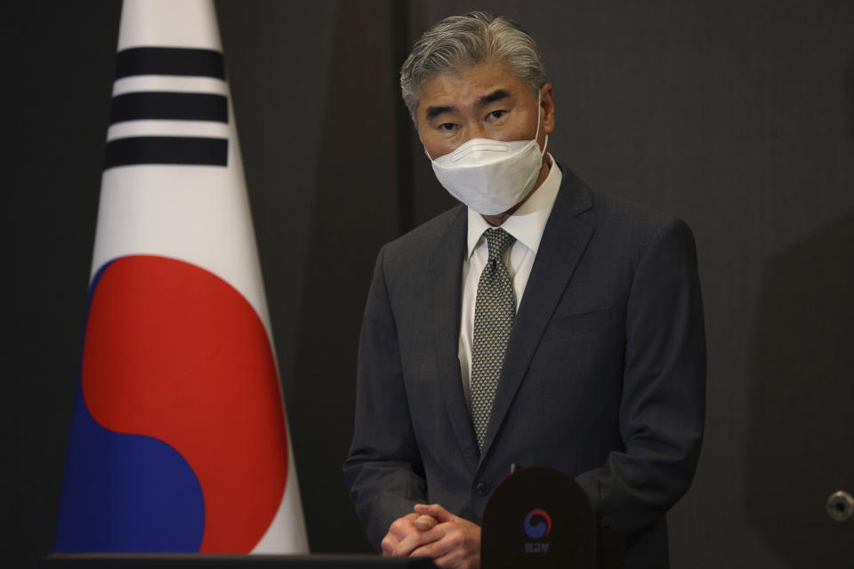 U.S. Special Representative for North Korea, Sung Kim talks to reporters after meeting with South Korea's Special Representative for Korean Peninsula Peace and Security Affairs Noh Kyu-duk at Plaza Hotel in Seoul Monday, Aug. 23, 2021. Kim is in Seoul for discussions over stalled nuclear diplomacy with Pyongyang. (Chung Sung-Jun/Pool Photo via AP)