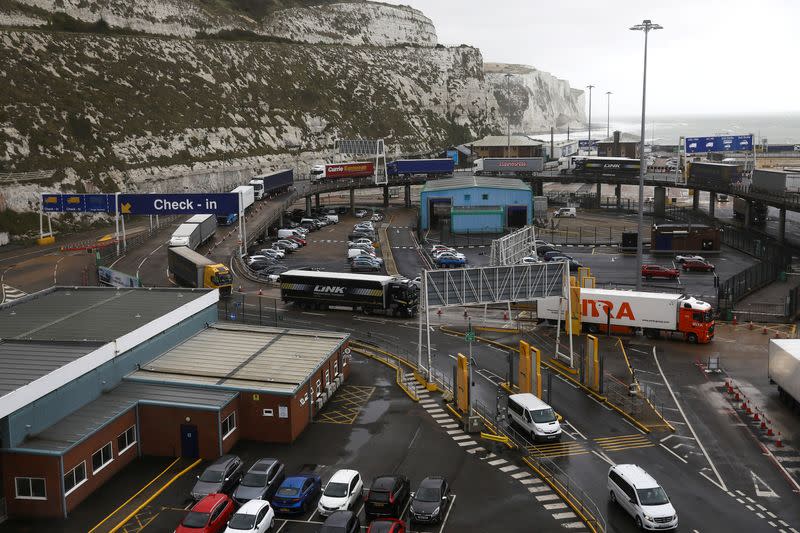 FILE PHOTO: Freight trucks move through the terminal at the Port of Dover