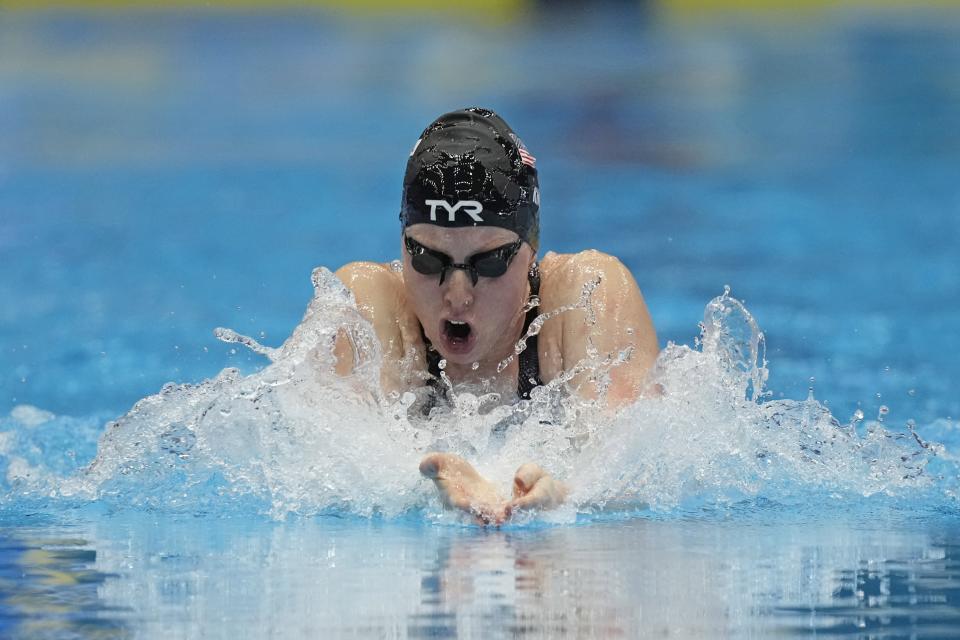 Lilly King, of the United States, competes in the 100-meter breastroke semifinal at the World Swimming Championships in Fukuoka, Japan, Monday, July 24, 2023. (AP Photo/David J. Phillip)