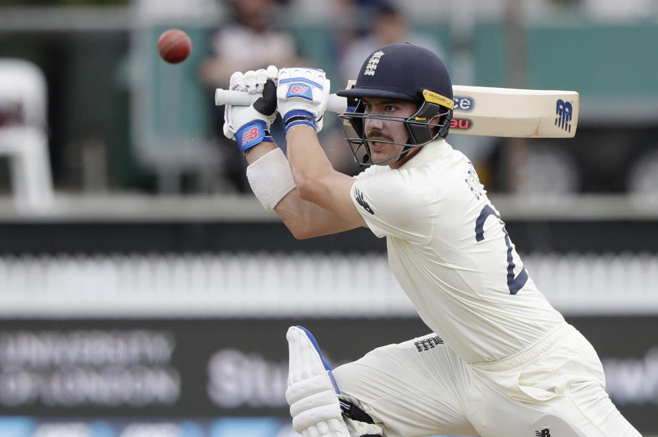 England's Rory Burns bats during play on day three of the second cricket test between England and New Zealand at Seddon Park in Hamilton, New Zealand, Sunday, Dec. 1, 2019. (AP Photo/Mark Baker)