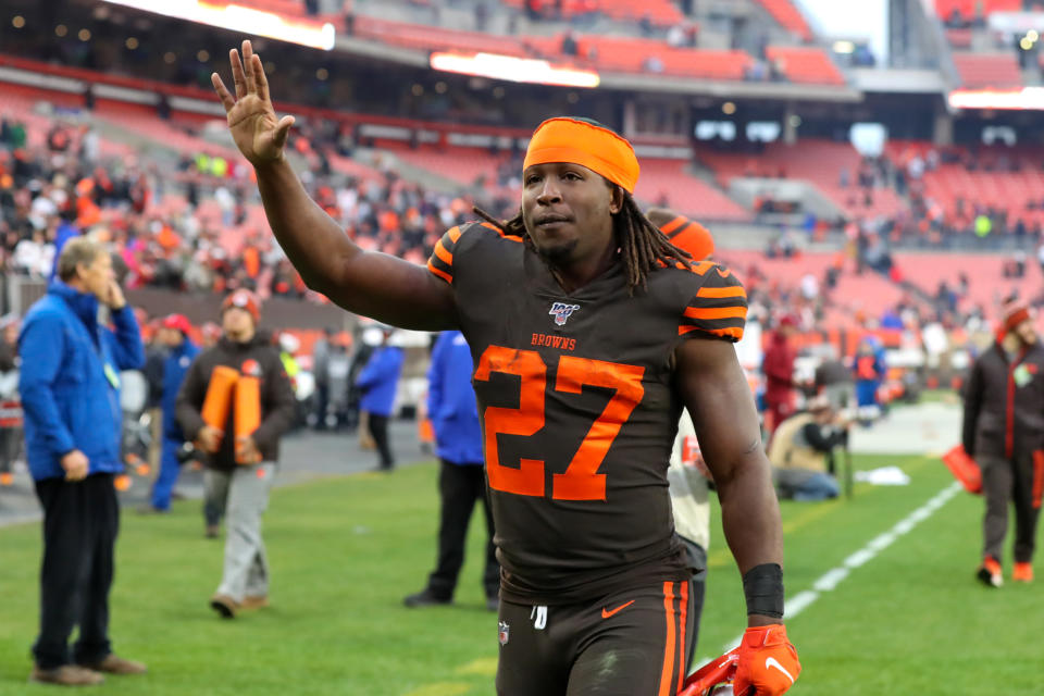 CLEVELAND, OH - DECEMBER 08: Cleveland Browns running back Kareem Hunt (27) leaves the field following the National Football League game between the Cincinnati Bengals and Cleveland Browns on December 8, 2019, at FirstEnergy Stadium in Cleveland, OH. (Photo by Frank Jansky/Icon Sportswire via Getty Images)