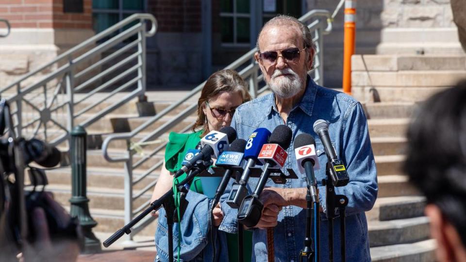 Larry Woodcock, the grandfather of JJ Vallow, speaks to reporters after the guilty verdict of Chad Daybell outside of the Ada County Courthouse.