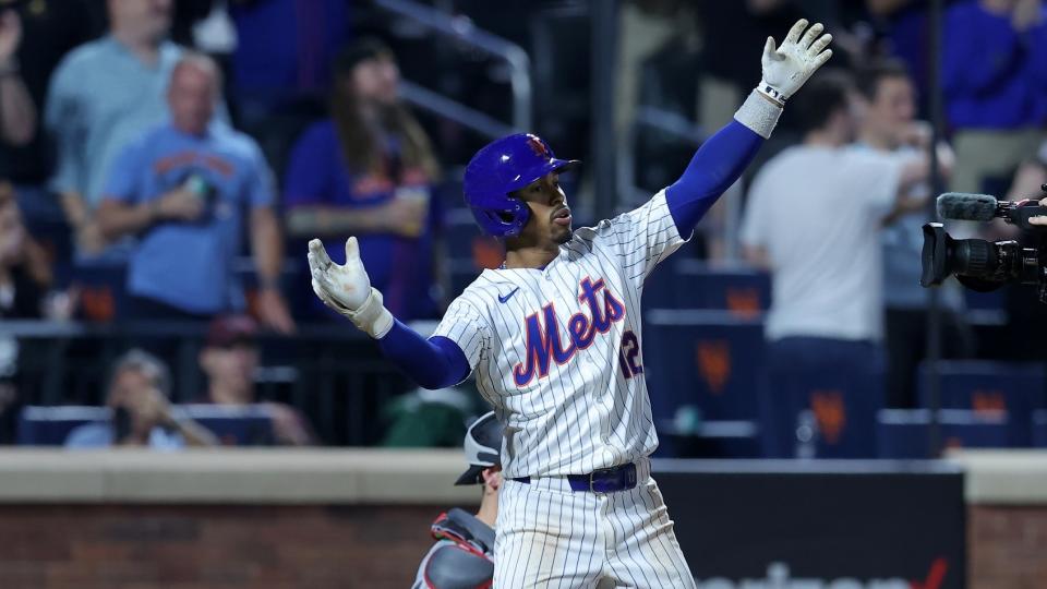 New York Mets shortstop Francisco Lindor (12) reacts after hitting a solo home run during the eighth inning against the Miami Marlins at Citi Field.