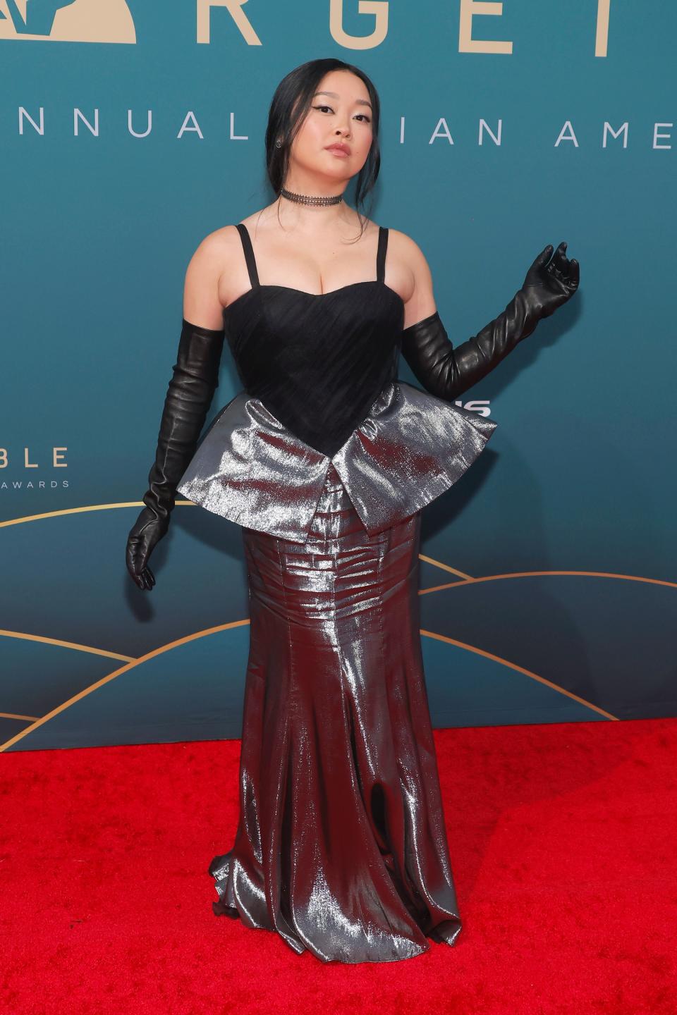 Lana Condor, silver dress, black dress, gloves, leather gloves, hidden heels, heels, high heels, Unforgettable Gala, red carpet, celebrity red carpet