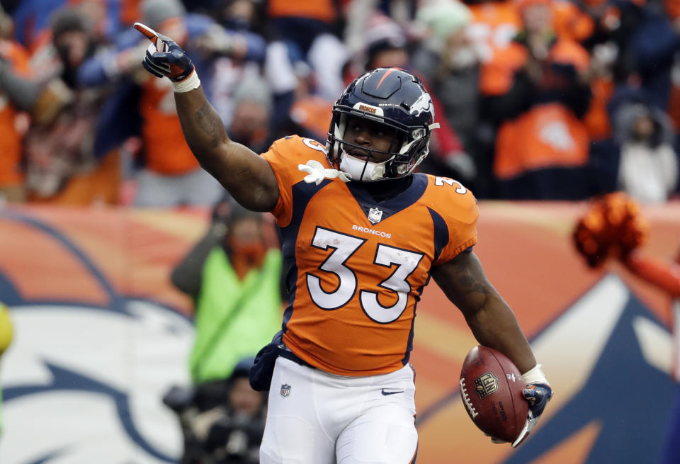 Denver Broncos running back De'Angelo Henderson celebrates after a touchdown reception against the Chiefs last season. (AP)