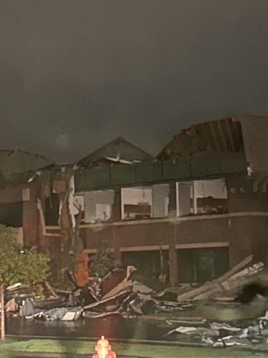 Damage to building on Britton Road from severe storms Tuesday night 