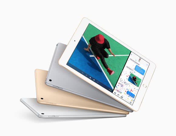 Apple's low-cost iPads in silver, gold, and space gray.