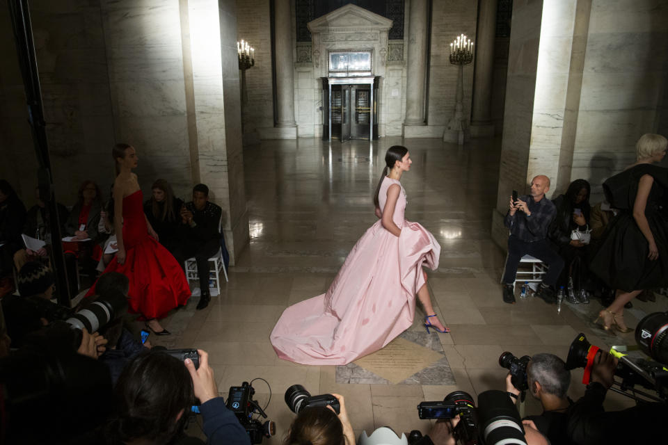 The Oscar De la Renta collection is modeled during Fashion Week, Monday, Feb. 10, 2020, in New York. (AP Photo/Eduardo Munoz Alvarez)