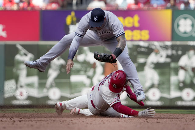 September 5, 2021: St. Louis Cardinals center fielder Harrison Bader #48  breaks his bat on a double during MLB baseball game between the St. Louis  Cardinals and the Milwaukee Brewers at American