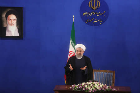 Iranian president Hassan Rouhani gestures during a news conference in Tehran, Iran, May 22, 2017. TIMA via REUTERS