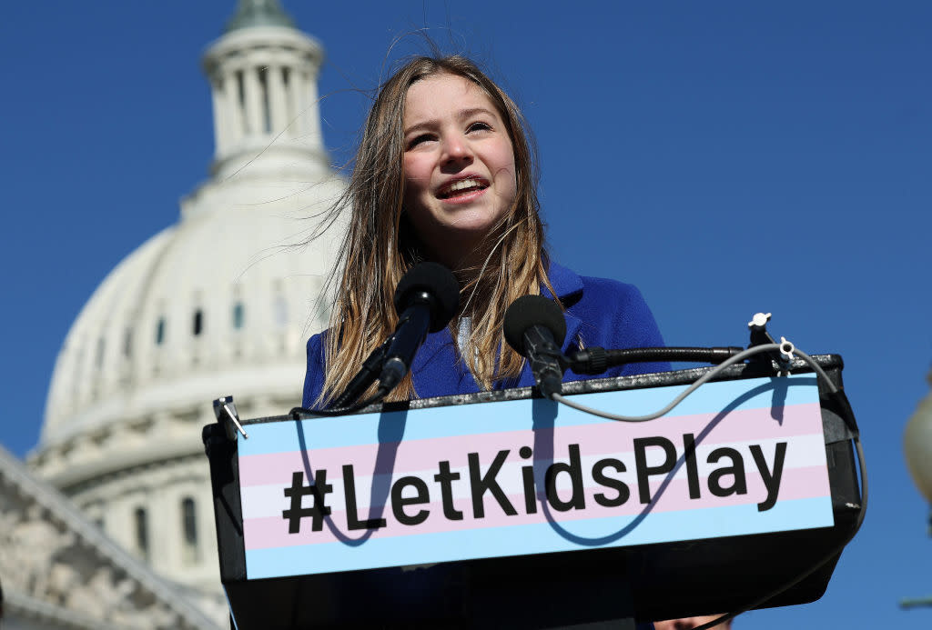 Rebekah Bruesehoff, a transgender student athlete, speaks at a press conference on LGBTQ rights, at the U.S. Capitol on March 08, 2023 in Washington, DC.