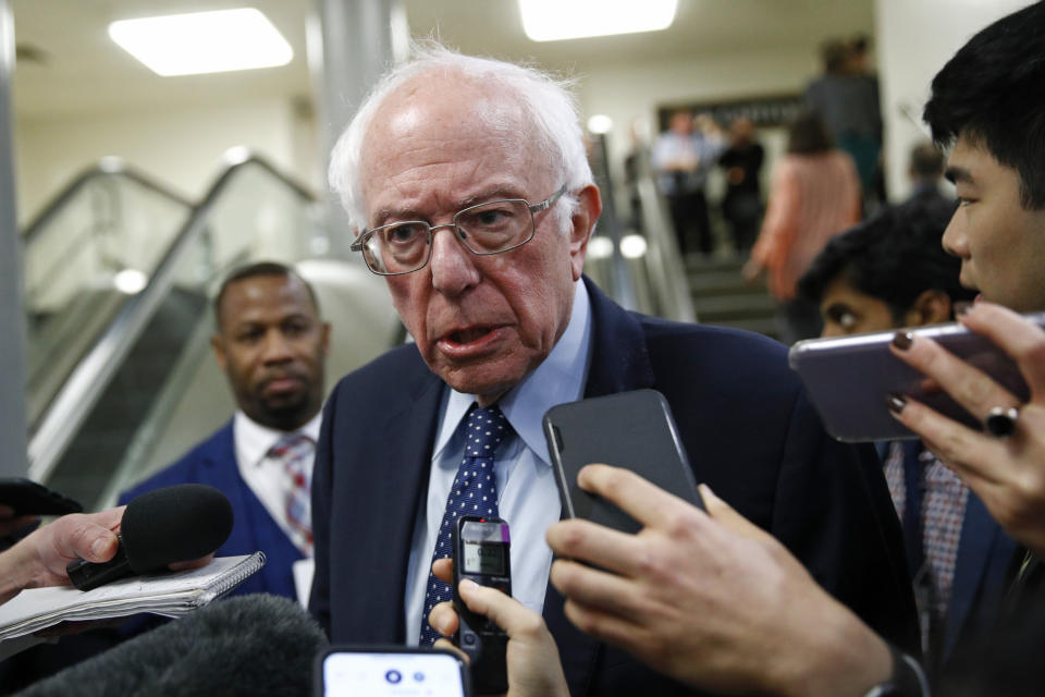 Sen. Bernie Sanders, I-Vt., speaks with reporters during the impeachment trial of President Donald Trump on Jan. 29, 2020. (AP Photo/Patrick Semansky)