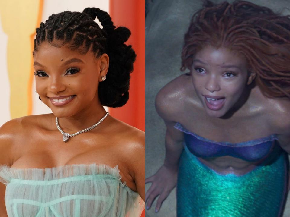 On the left: Halle Bailey at the 2023 Oscars. On the right: Bailey as Ariel in "The Little Mermaid."