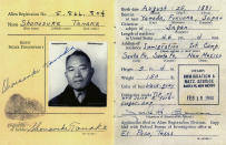 <p>This Feb. 18, 1944 image shows shows the World War II alien registration card for Shonosuke Tanaka, who was among scores of people of Japanese ancestry who were held in captivity during the war on Feb. His daughters Alice Tanaka Hikido Mary Tanaka Abo, who also were interned during the war, participated in a Feb. 19 ceremony at Joint Base Elmendorf-Richardson, Alaska, that was held to remember the forced incarceration of more than 200 Alaskans, as well unveil the results of a study about a little-known Japanese internment camp that was erected there during World War II. (Tanaka Family via AP) </p>