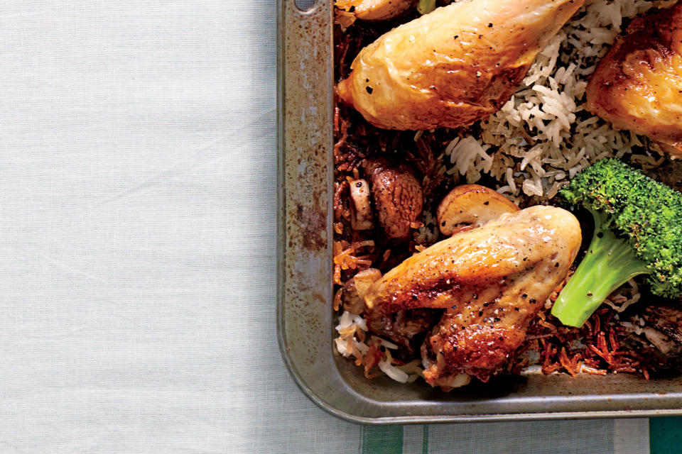 Simple Whole Chicken with Roasted Broccoli-Mushroom Rice