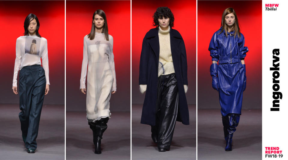 The top four looks from the fall/winter 2018-2019 Ingorokva collection. (Photo: Courtesy of Mercedes-Benz Fashion Week Tbilisi; art: Quinn Lemmers for Yahoo Lifestyle)