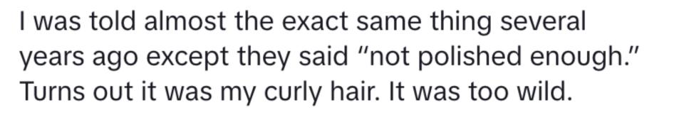 A screenshot of a social media comment by a user named 'momsanity74' about curly hair being criticized as not polished enough