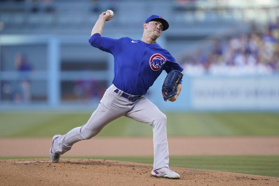 Chicago Cubs starting pitcher Keegan Thompson (71) throws during the first inning of a baseball game against the Los Angeles Dodgers in Los Angeles, Friday, July 8, 2022. (AP Photo/Ashley Landis)