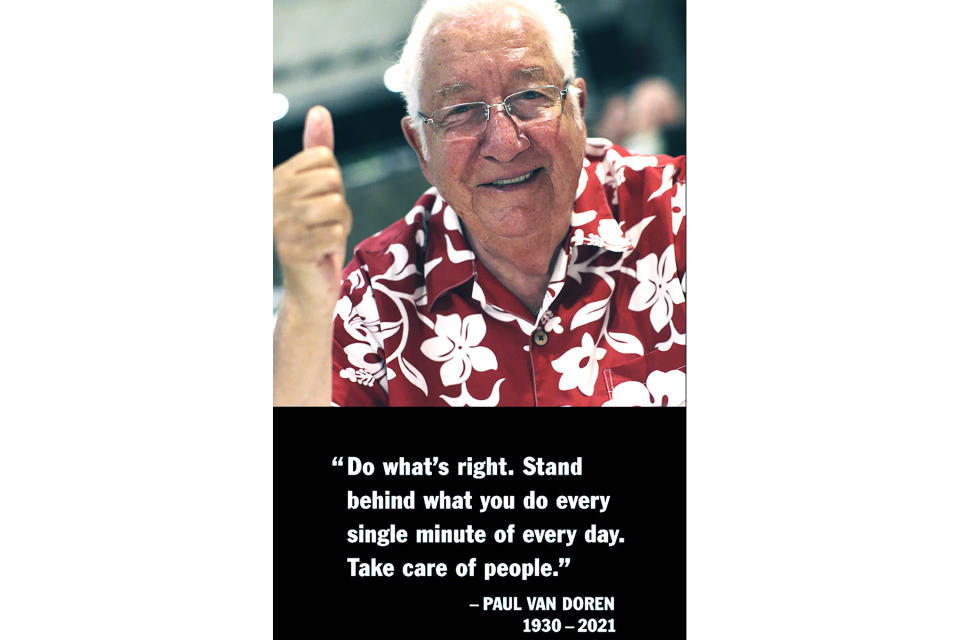 This undated photo provided by Vans shows one of the co-founding brothers Paul Van Doren shown with one of his quotations that was posted online announcing his passing away on Friday, May 7, 2021. Doren, who co-founded the Vans company that created sneaker brand that shod the feet of skateboarders around the world and grew into a global powerhouse offering sports apparel and sponsoring sports teams and rock festivals, has died. (Vans via AP)