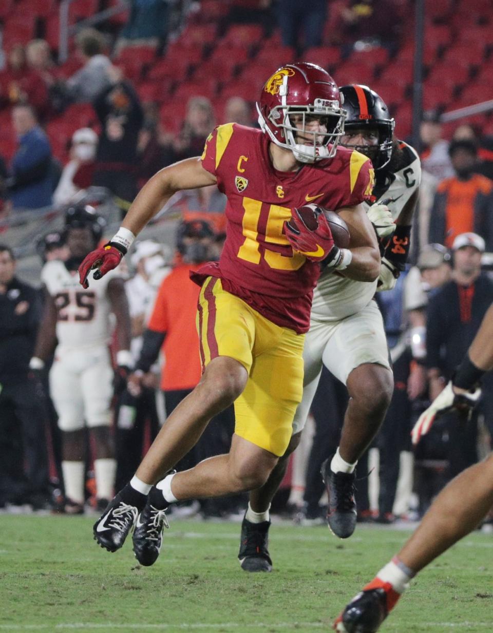 Trojans wide receiver Drake London cuts upfield against Oregon State.