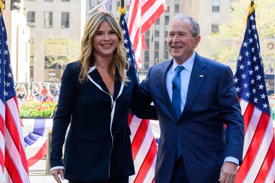 <p>Nathan Congleton/NBC/NBCU Photo Bank via Getty </p> Jenna Bush Hager and George W. Bush on April 20, 2021