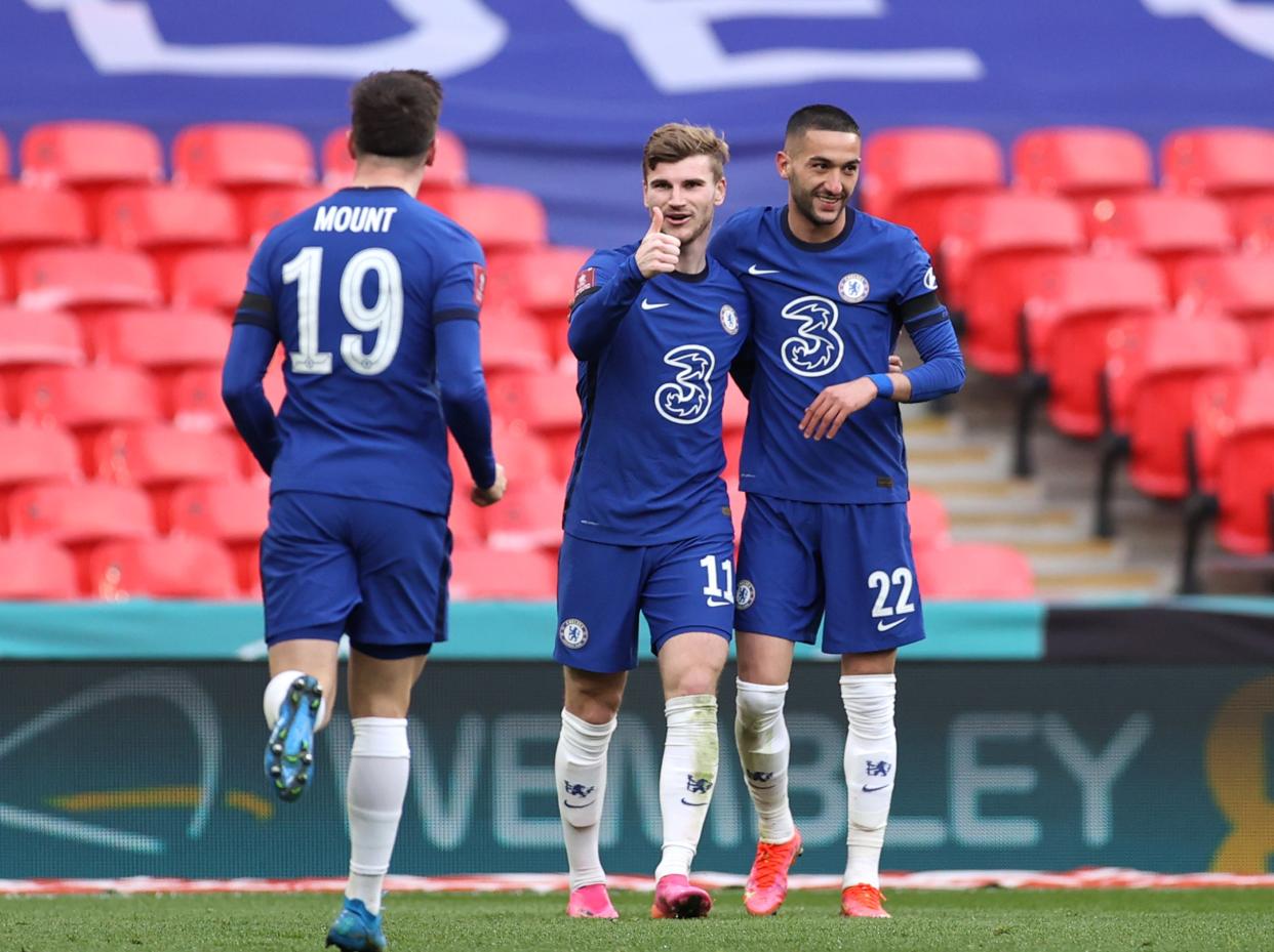 <p>Chelsea celebrate Hakim Ziyech’s goal</p> (The FA via Getty Images)