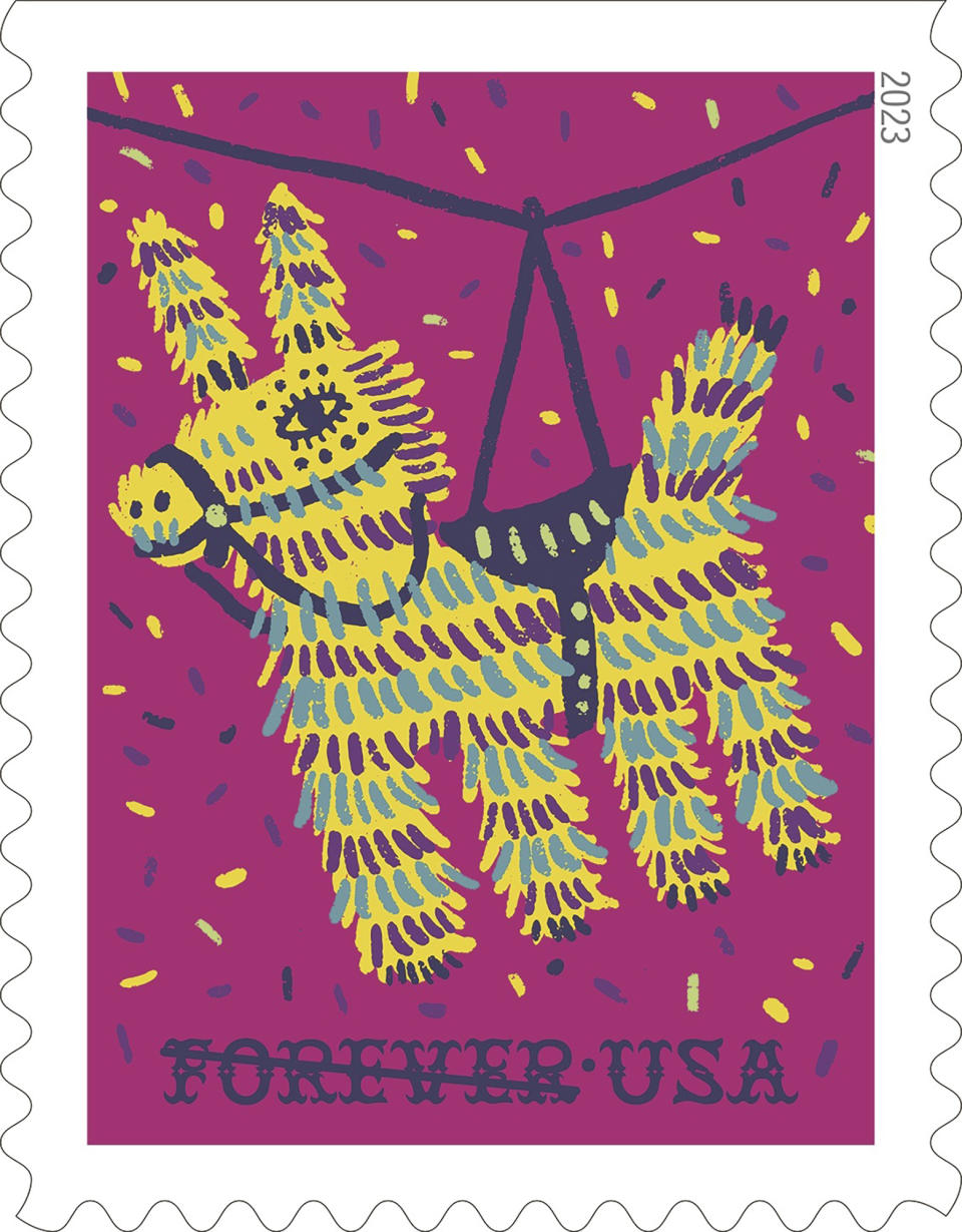 This image provided by the U.S. Postal Service shows one of four new stamps released Friday, Sept. 8, 2023, that highlight the piñata as part of a monthlong recognition of Hispanic heritage in the United States. (U.S. Postal Service via AP)