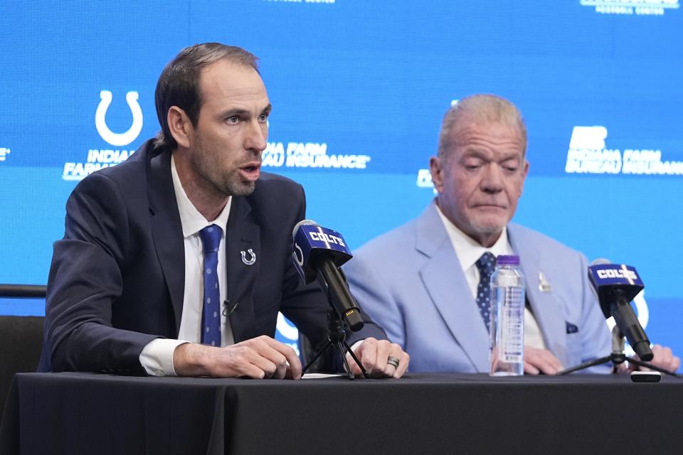 Shane Steichen speaks during a news conference, Tuesday, Feb. 14, 2023, in Indianapolis. Steichen was introduced as the Colts new head coach. (AP Photo/Darron Cummings)