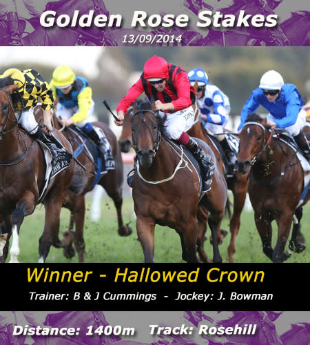 Hallowed Crown sustains a long run from the tail of the field to secure victory in the Golden Rose Stakes at Rosehill.