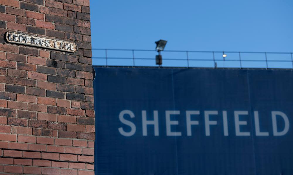 A sign for Leppings Lane outside Hillsborough in Sheffield