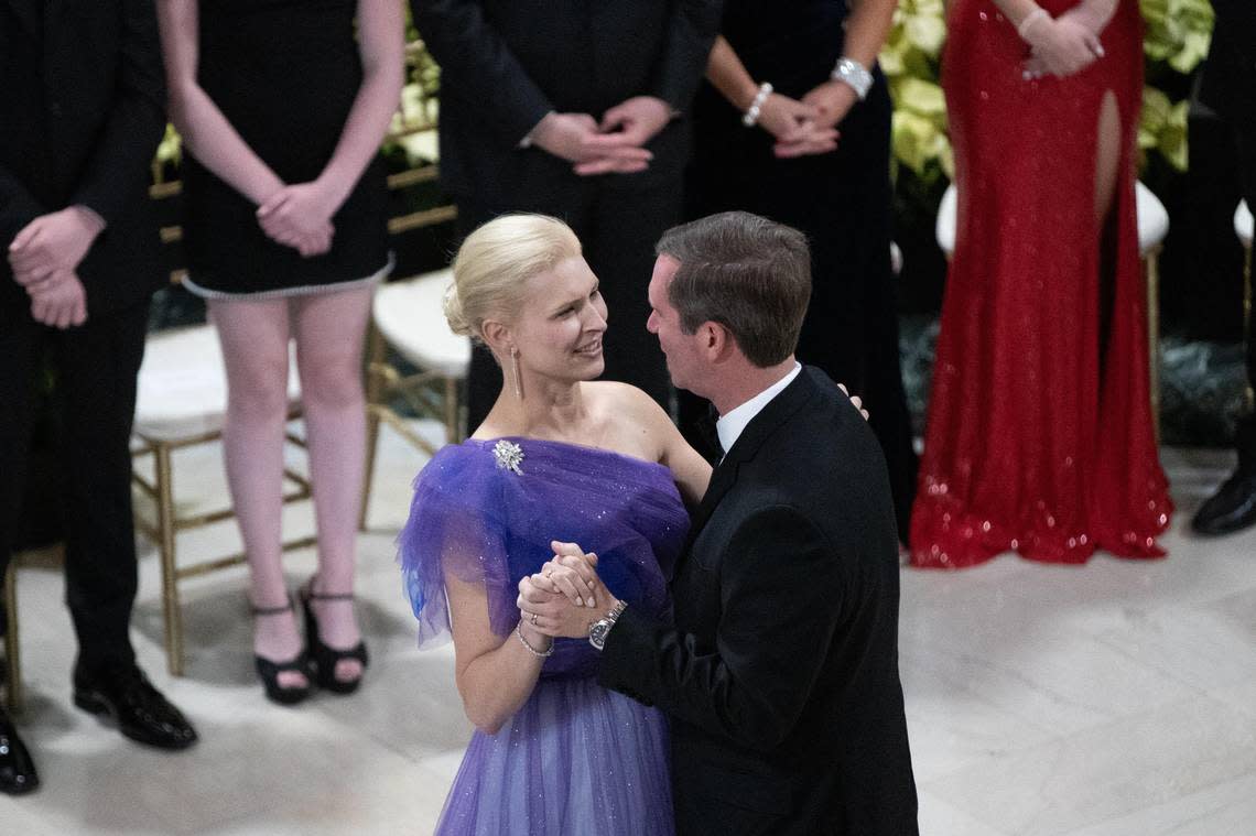 First Lady Britainy Beshear and Gov. Andy Beshear danced at the inaugural ball in the Capitol Rotunda Tuesday night.