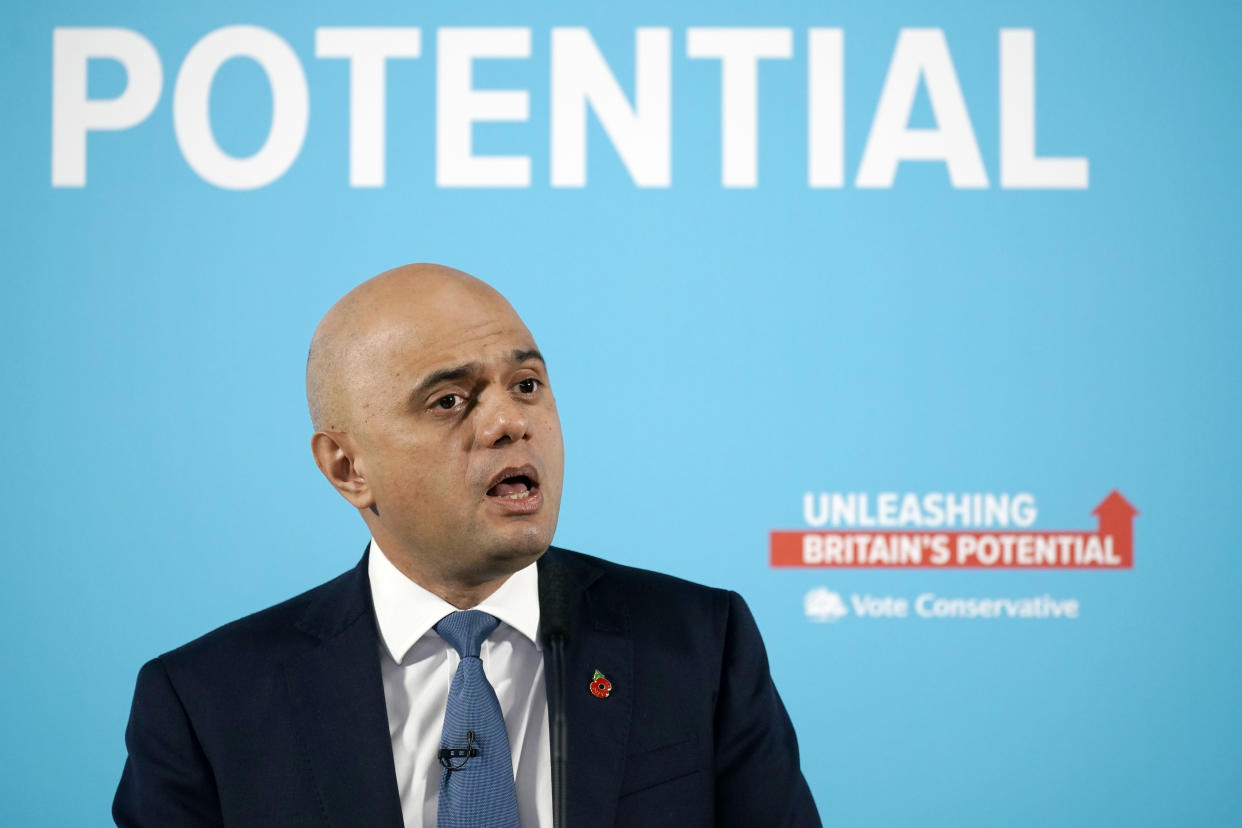 MANCHESTER, ENGLAND - NOVEMBER 07: Sajid Javid delivers a speech on the Conservative Party's plans for the economy on November 7, 2019 in Manchester, England. Sajid Javid, who holds the government position of Chancellor of the Exchequer in Boris Johnson’s Cabinet, set out the Conservative party’s plans to invest in priorities such as education, technology, and infrastructure as the engines of growth over the next decade. (Photo by Christopher Furlong/Getty Images)