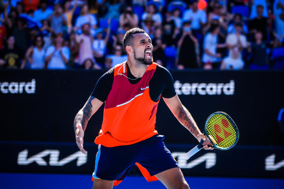 Nick Kyrgios (pictured) celebrates during his doubles match at the Australian Open. 