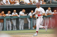 Stanford infielder Tommy Troy scores on a walk against Texas in the first inning of an NCAA college baseball tournament super regional game in Stanford, Calif., Saturday, June 10, 2023. (AP Photo/Josie Lepe)