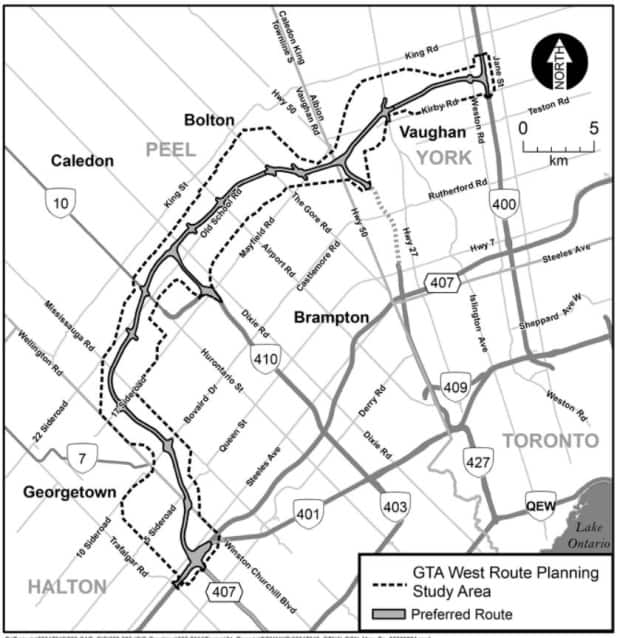 The province's preferred route for Highway 413, running from Highway 400 in Vaughan and curving west to where Highways 401 and 407 meet in Halton. 