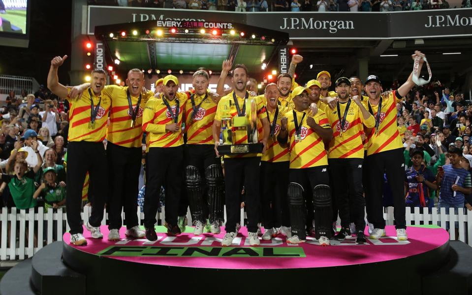 Lewis Gregory of Trent Rockets lifts the trophy following The Hundred Final between Trent Rockets Men and Manchester Originals Men at Lord's Cricket Ground on September 03, 2022