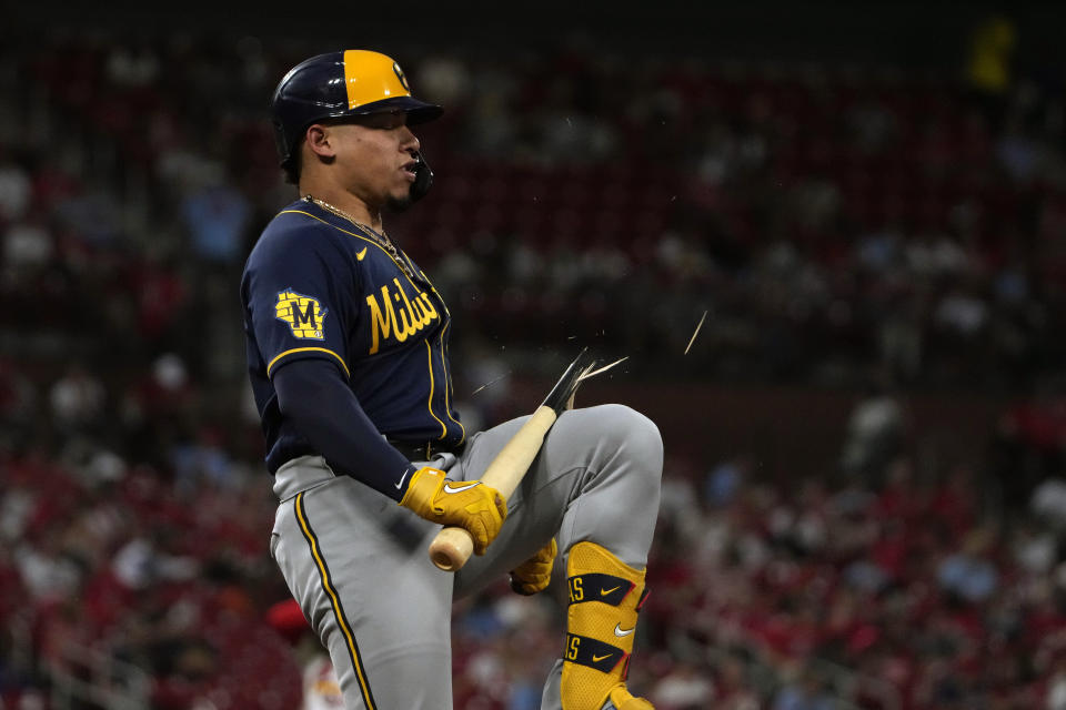 Milwaukee Brewers' William Contreras breaks his bat over his knee after grounding out to end the top of the fifth inning of a baseball game against the St. Louis Cardinals Wednesday, May 17, 2023, in St. Louis. (AP Photo/Jeff Roberson)