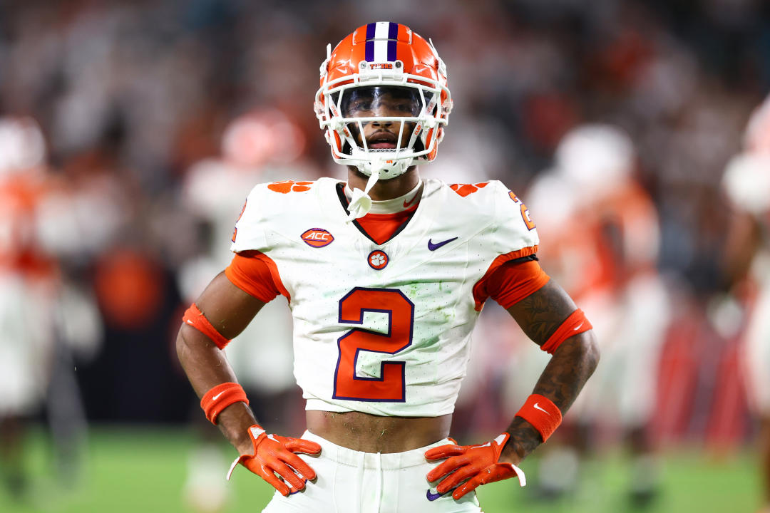 MIAMI GARDENS, FLORIDA - OCTOBER 21: Nate Wiggins #2 of the Clemson Tigers looks on during the second half of the game against the Miami Hurricanes at Hard Rock Stadium on October 21, 2023 in Miami Gardens, Florida. (Photo by Megan Briggs/Getty Images)