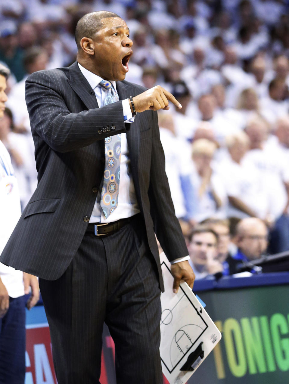 Los Angeles Clippers head coach Doc Rivers shouts at an official in the fourth quarter of Game 5 of the Western Conference semifinal NBA basketball playoff series against the Oklahoma City Thunder in Oklahoma City, Tuesday, May 13, 2014. Oklahoma City won 105-104. (AP Photo)