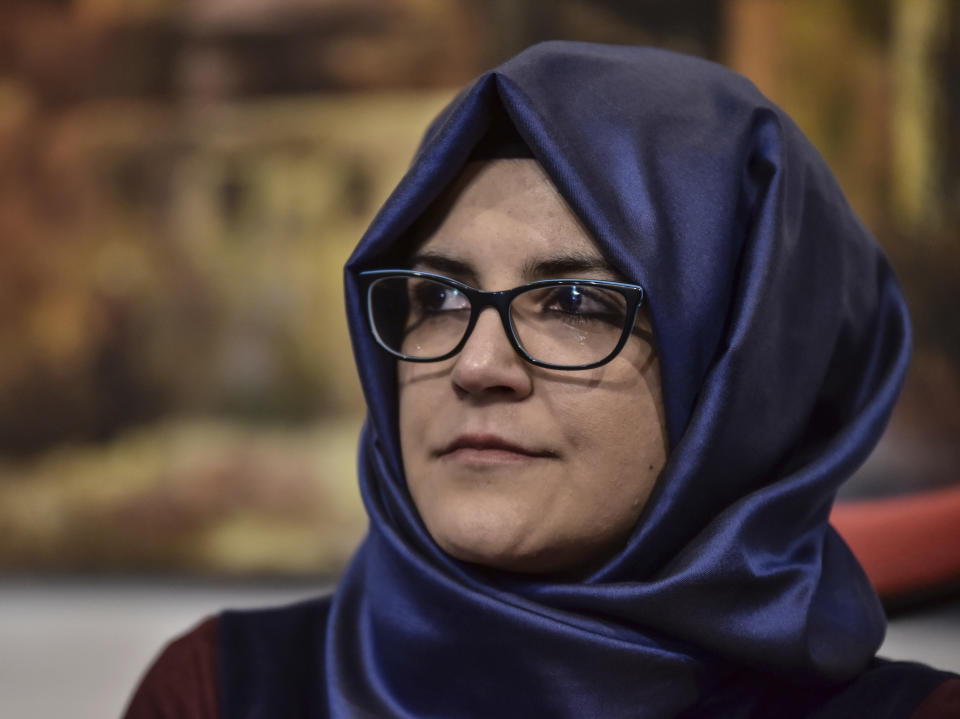 Hatice Cengiz, the fiancee of slain Saudi journalist Jamal Khashoggi, speaks during a news conference to launch of a book about the journalist, in Istanbul, Friday, Feb. 8, 2019. Cengiz says she hopeful that his killers will be punished and has appealed to legislators in the European Union and the U.S. Congress to closely follow the case. (DHA via AP)
