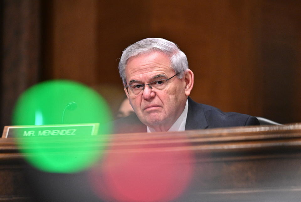 U.S. Senator Robert Menendez (D-NJ) speaks during a Senate Banking, Housing, and Urban Affairs Committee hearing on “the state of the American economy,” where White House Council of Economic Advisers Chair Cecilia Rouse testified on Capitol Hill in Washington February 17, 2022. REUTERS/Jon Cherry