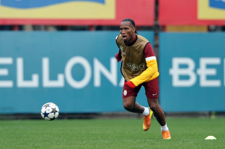 Galatasaray striker Didier Drogba during a training session on February 19, 2013, on the eve of the Champions League clash with Schalke. The Turkish side finished their Group H campaign with wins over Cluj, Manchester United and Braga