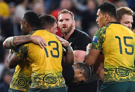 New Zealand All Blacks captain Kieran Read reacts as he watches Australian Wallabies players celebrate winning their third Bledisloe Cup rugby union match at Lang Park in Brisbane, Australia, October 21, 2017. AAP/Dan Peled/via REUTERS