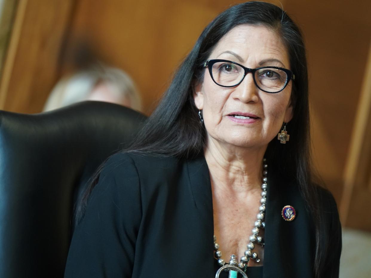 Deb Haaland, secretary of the interior nominee, testifies during a confirmation hearing in Washington, DC on February 24, 2021.  (AFP via Getty Images)