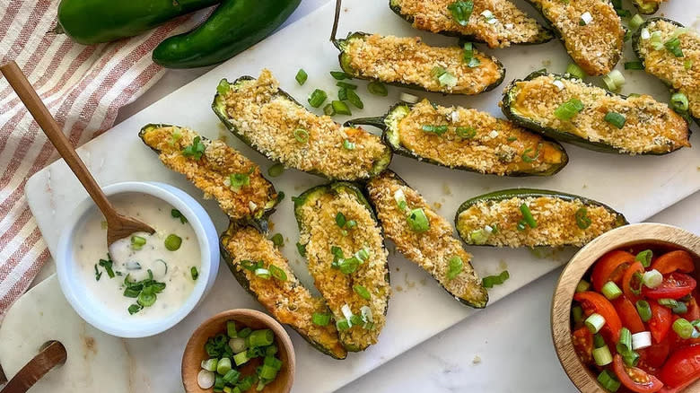 Pepper poppers on table sauces