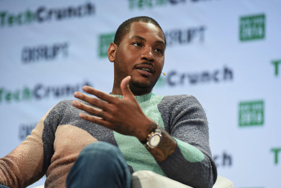 Carmelo Anthony speaks onstage during TechCrunch Disrupt NY 2016 at Brooklyn Cruise Terminal on May 11, 2016 in New York City. (Noam Galai/Getty Images for TechCrunch)