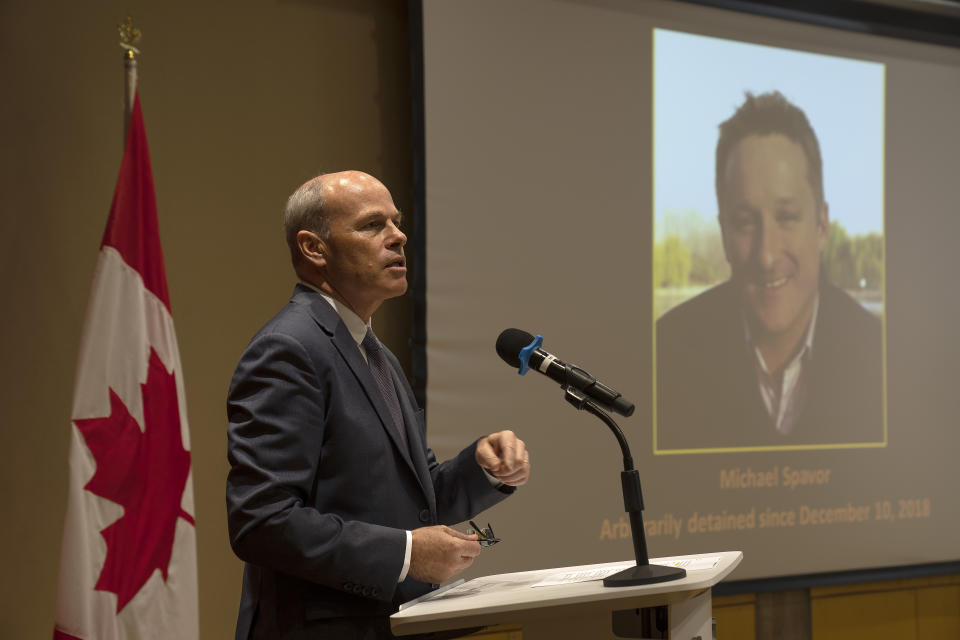 Jim Nickel, the deputy chief of mission for the Canadian Embassy in China, speaks at an event held in connection with the announcement of the sentence for Canadian citizen Michael Spavor at the Canadian Embassy in Beijing, Wednesday, Aug. 11, 2021. A Chinese court has sentenced Canadian Michael Spavor to 11 years on spying charges in case linked to Huawei. (AP Photo/Mark Schiefelbein)