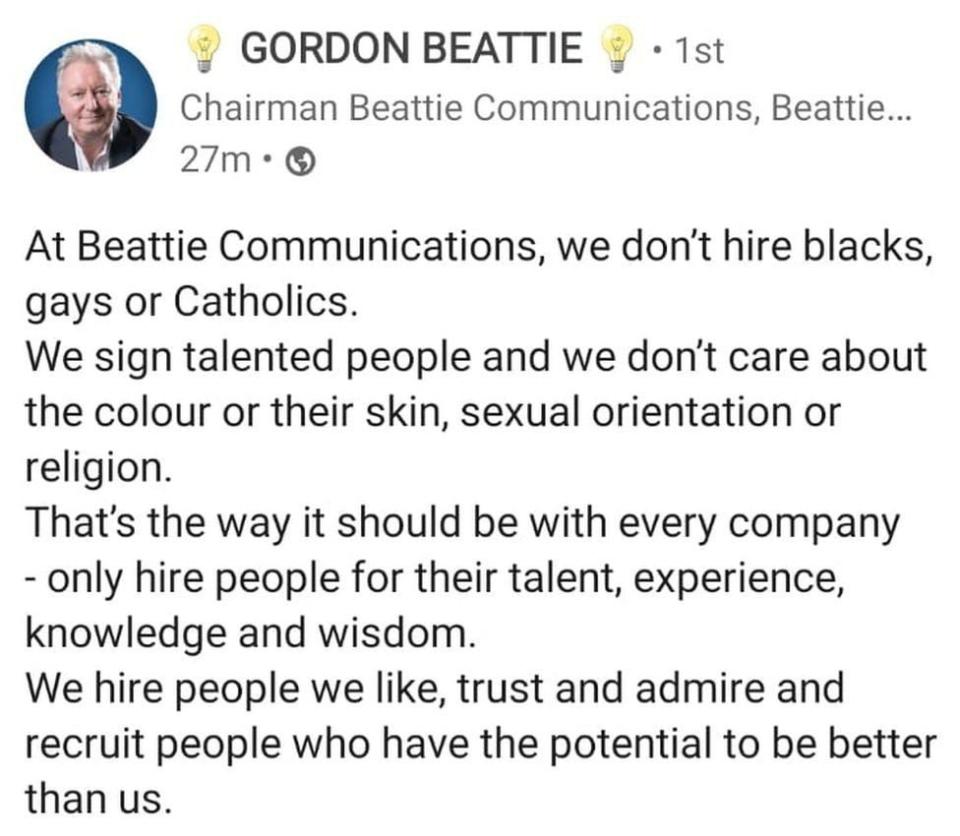 Gordon Beattie's LinkedIn post