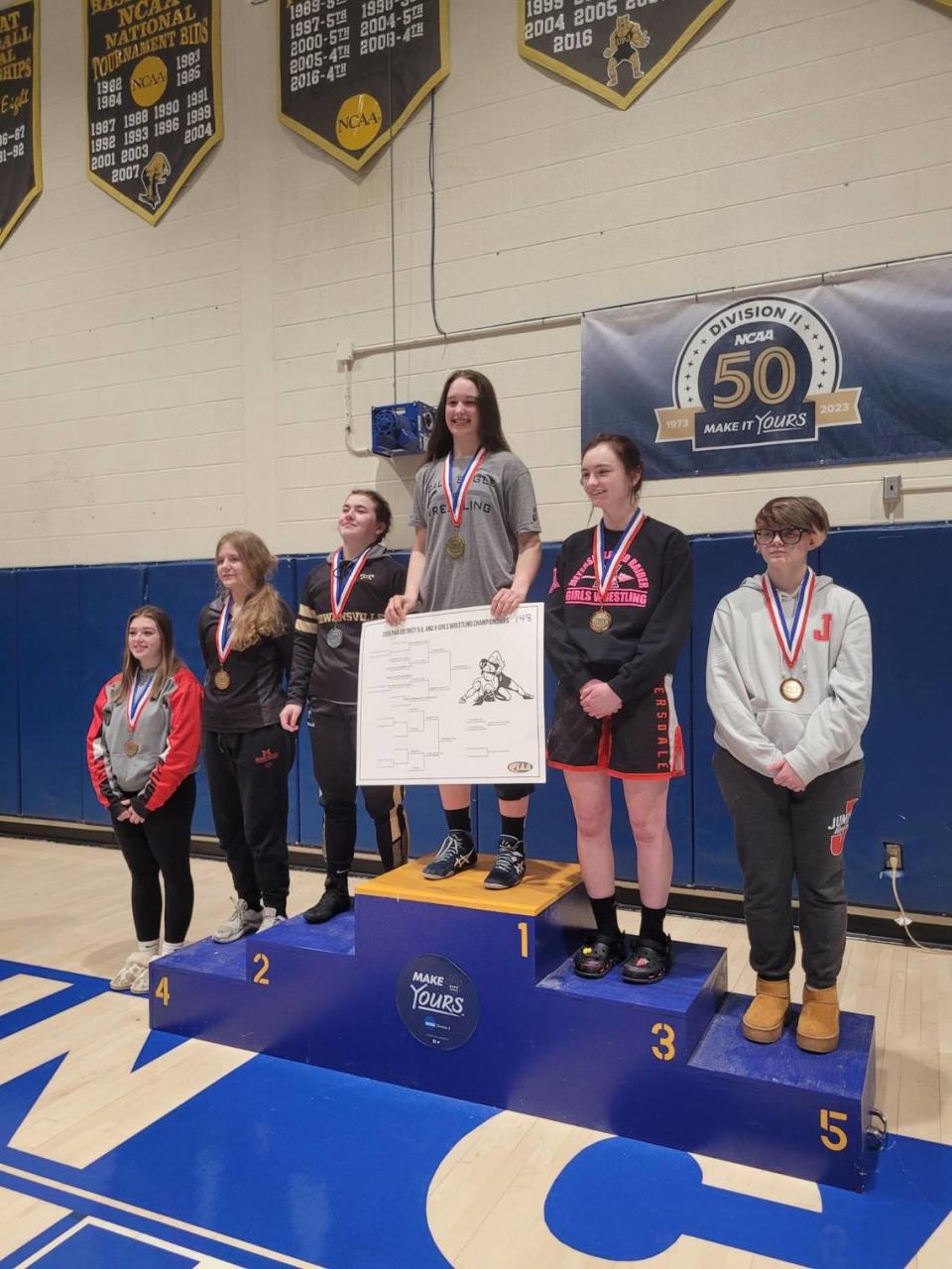 Bald Eagle Area’s Angelina Grieb won the 148 pound District 5/6/9 title on Saturday at the University of Pittsburgh-Johnstown. Grieb earned a 19-6 major decision over Curwensville’s Gabrielle Bambarger.